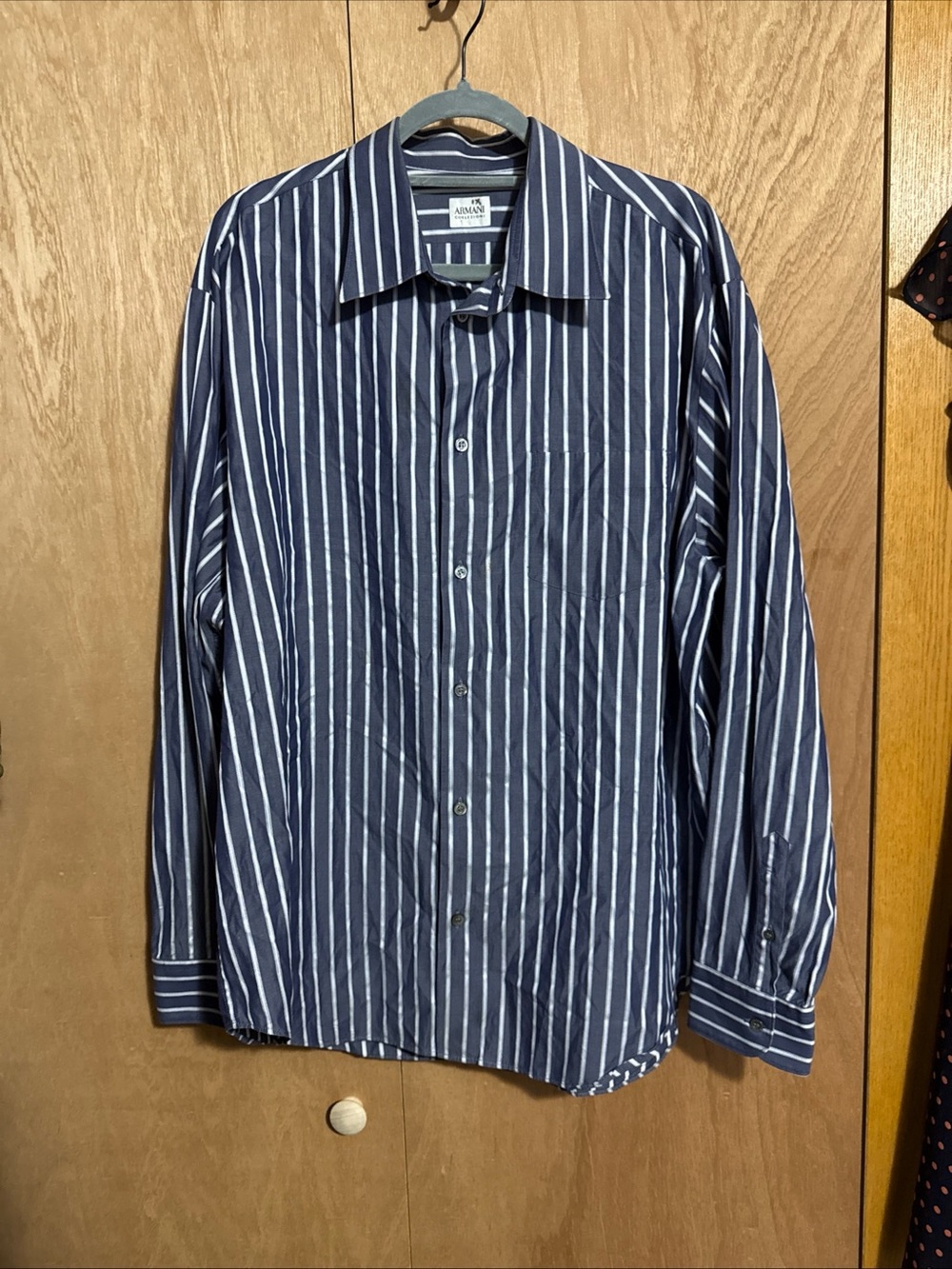 Armani Collezioni Navy and White Vertical Stripe Dress Shirt